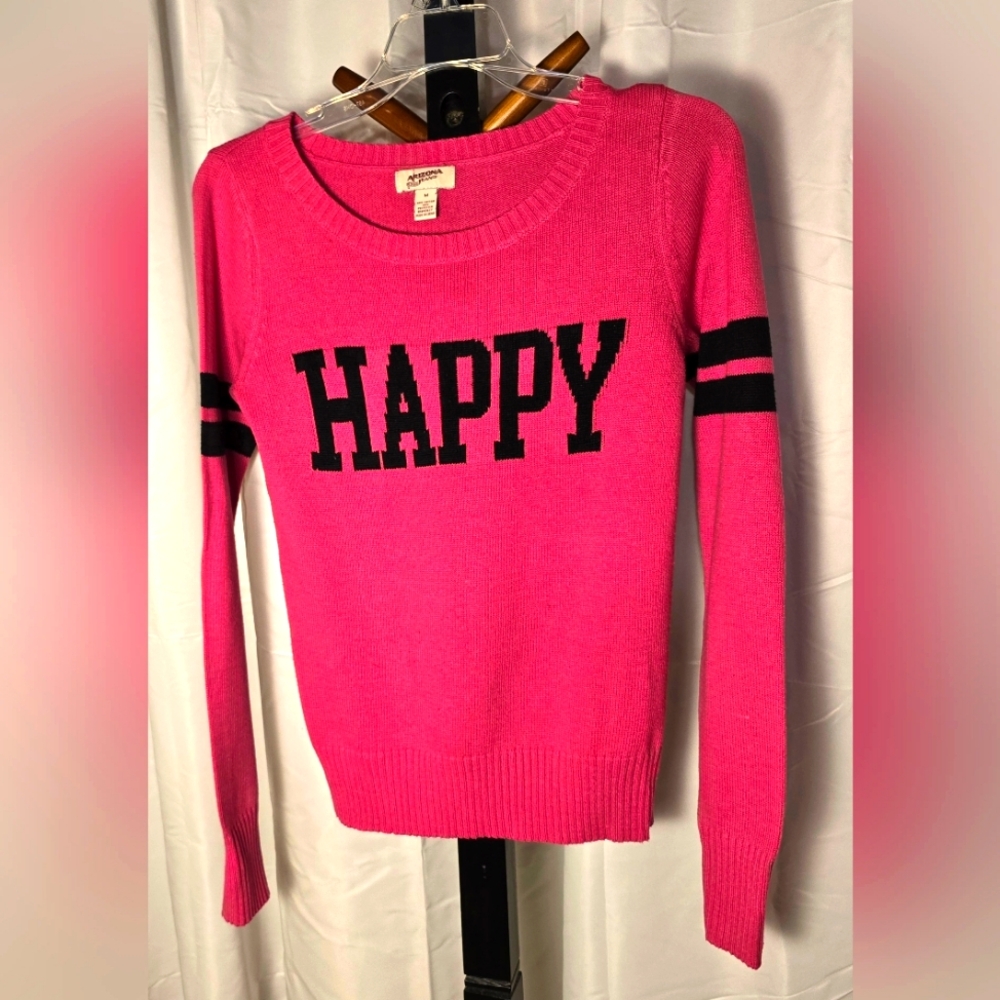Pink Women's Juniors Sweater with 'Happy' in Black letters